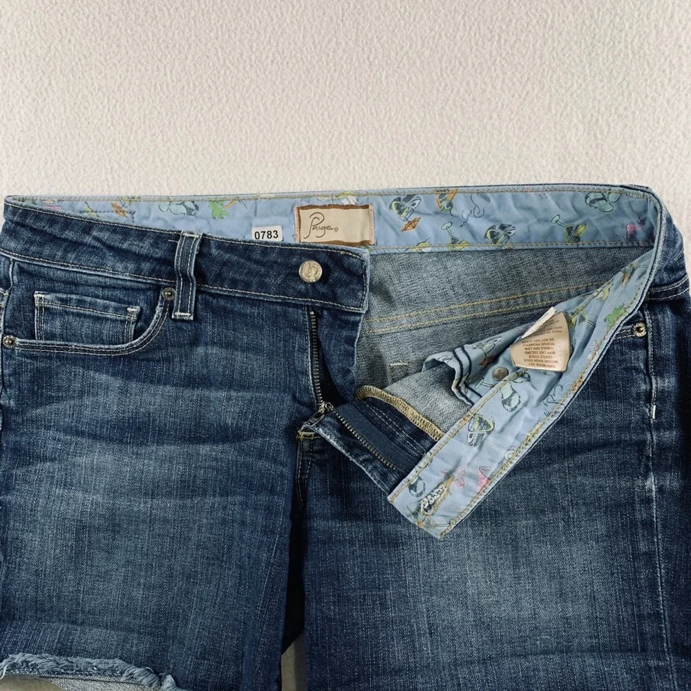 Paige Denim Shorts Women's Size 26 Dark Wash Blue Low‎ Rise Raw Hem 5